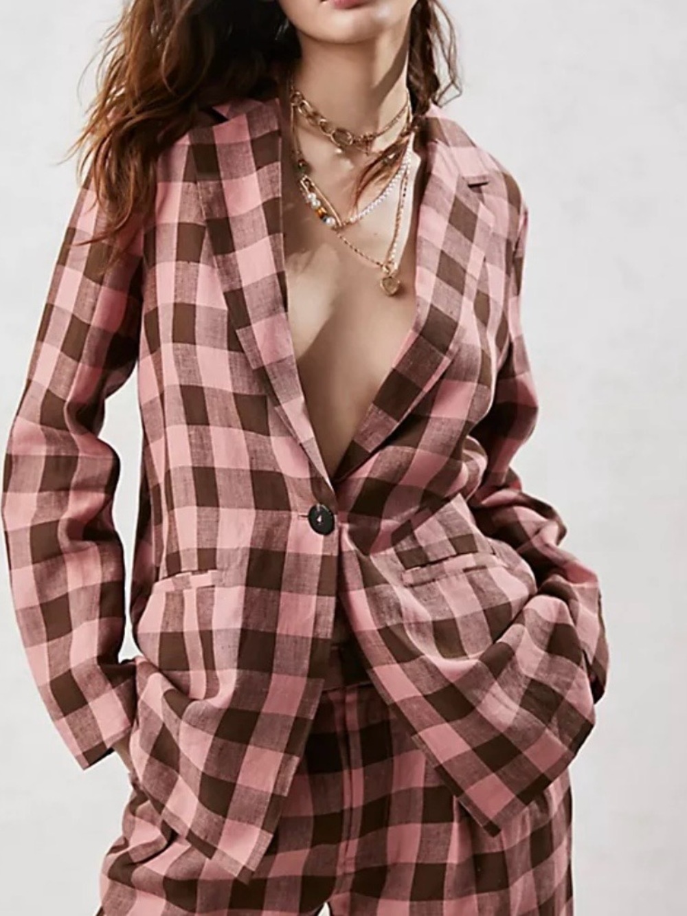 Scotch & Soda Pink and Brown Checked Linen Blazer